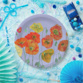 オレンジ薄紫紫ポピー花花柄 ペーパープレート (パーティー)