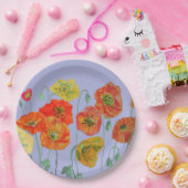 オレンジ薄紫紫ポピー花花柄 ペーパープレート (パーティー)