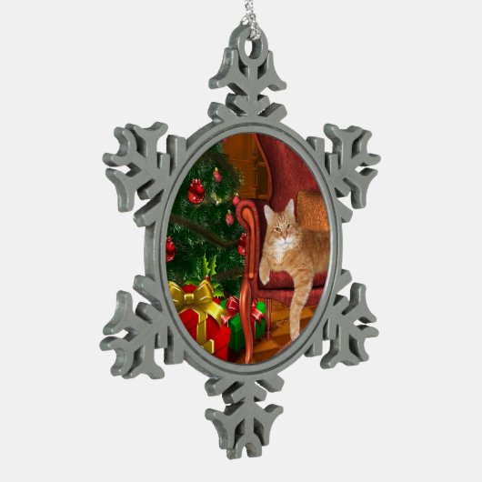 オレンジ虎猫のクリスマス スノーフレークピューターオーナメント (左)