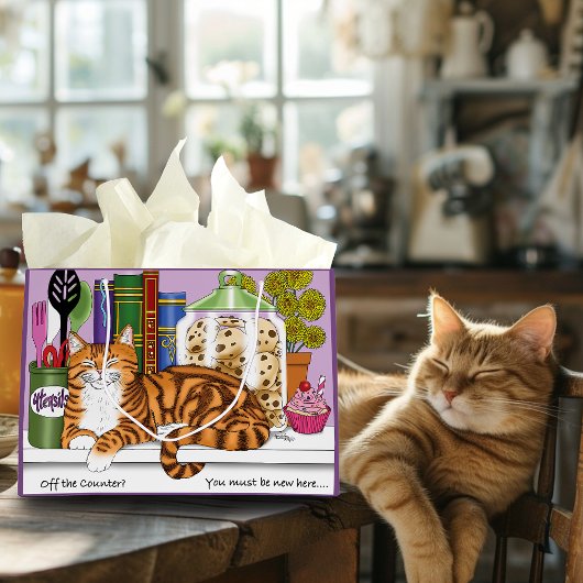オレンジ虎猫キッチンカウンター上猫 ラージペーパーバッグ