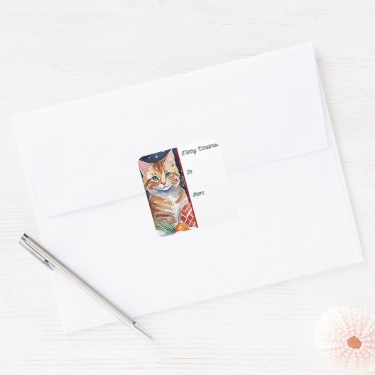 オレンジ虎猫キットンムオウィクリスマスギフトラベル スクエアシール (封筒)