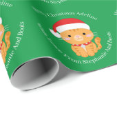 オレンジ虎猫クリスマスキャットオングリーン ラッピングペーパー (ロールコーナー)