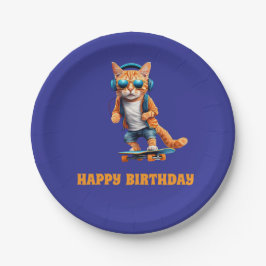 オレンジ虎猫スケートボーダー ペーパープレート