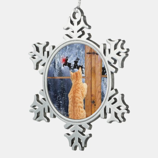 オレンジ虎猫猫の赤い点のクリスマス スノーフレークピューターオーナメント (右)