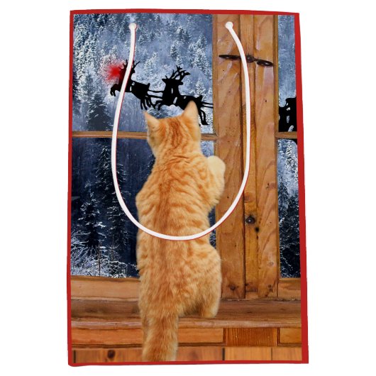 オレンジ虎猫猫の赤い点のクリスマス ミディアムペーパーバッグ (正面)