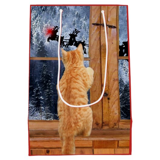 オレンジ虎猫猫の赤い点のクリスマス ミディアムペーパーバッグ (裏面)