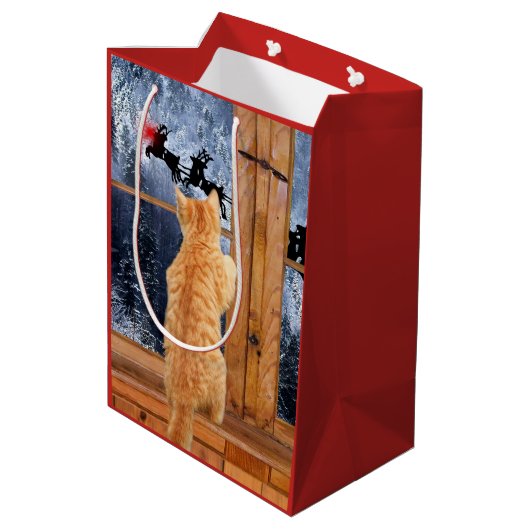 オレンジ虎猫猫の赤い点のクリスマス ミディアムペーパーバッグ (裏面アングル)