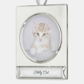 オレンジ虎猫絵画キッテンのオリジナル- Cat Art シルバープレートバナーオーナメント (左)