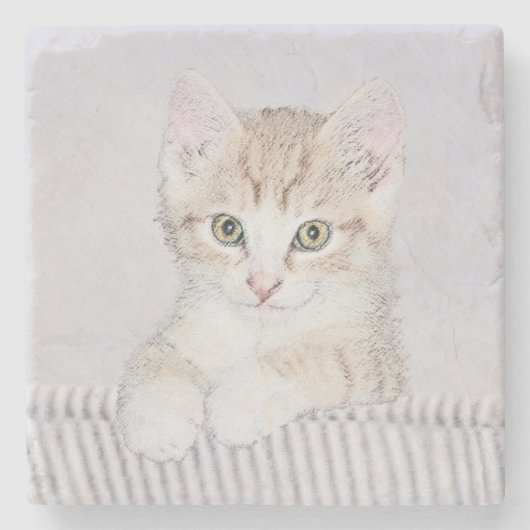 オレンジ虎猫絵画キッテンのオリジナル- Cat Art ストーンコースター (正面)