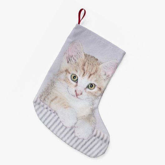 オレンジ虎猫絵画キッテンのオリジナル- Cat Art スモールクリスマスストッキング (正面 (吊り時))