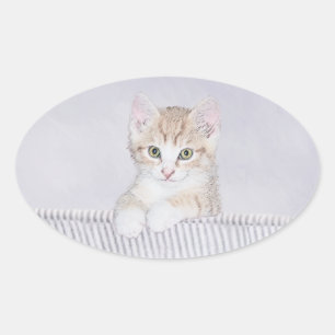 オレンジ虎猫絵画キッテンのオリジナル- Cat Art 楕円形シール