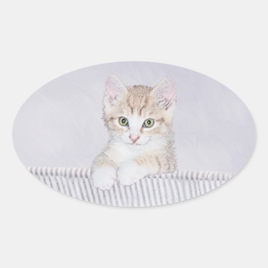 オレンジ虎猫絵画キッテンのオリジナル- Cat Art 楕円形シール (正面)