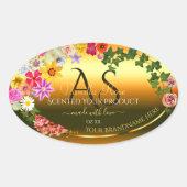 オレンジ製品ラベル カラフルな花とイニシャル 楕円形シール (正面)