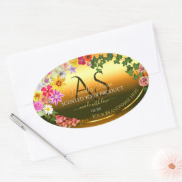 オレンジ製品ラベル カラフルな花とイニシャル 楕円形シール