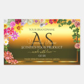 オレンジ製品ラベル カラフルな花とイニシャル 長方形シール (正面)