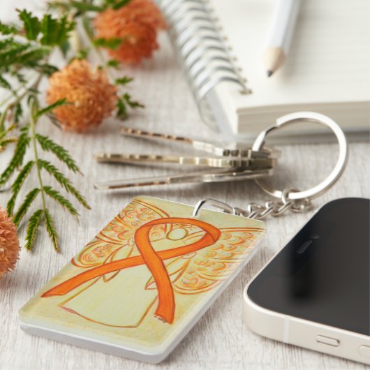 オレンジ認識度リボンエンジェルカスタマイズキーチェーン キーホルダー (正面右)