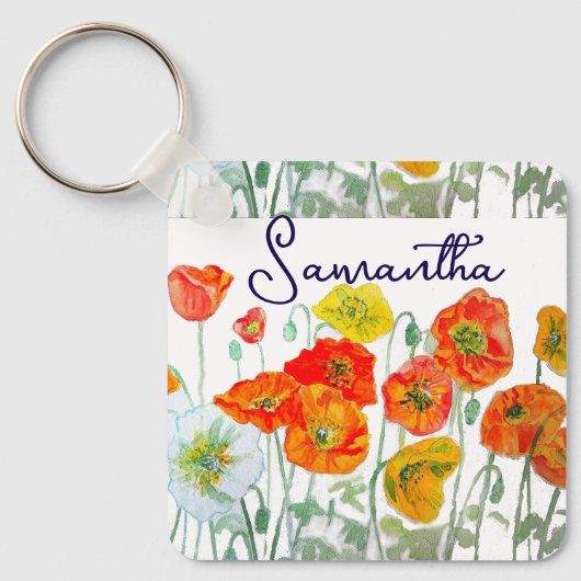 オレンジ赤ポピー花柄 サンクス キーホルダー (正面)