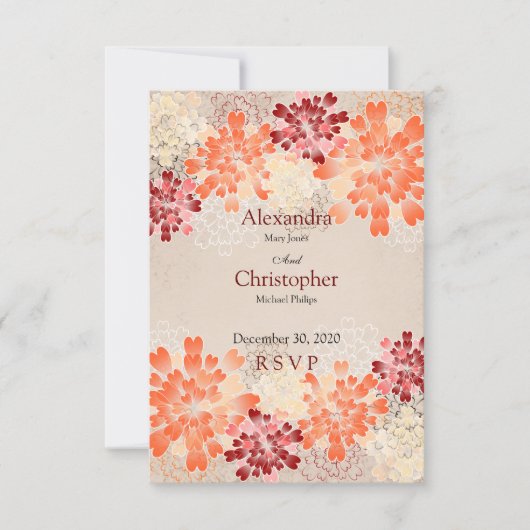 オレンジ赤及びクリームの花レトロの結婚RSVP 出欠カード (正面)