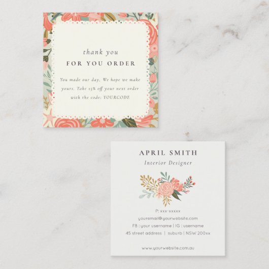 オレンジ赤面ティール(緑がかった色)アンブロシアフローラサンキューオーダー スクエア名刺 (正面/裏面)