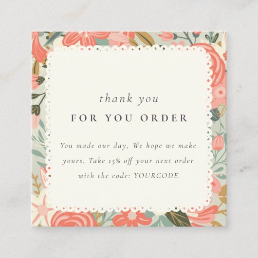 オレンジ赤面ティール（緑がかった色）アンブロシアフローラサンキューオーダー スクエア名刺 (正面)