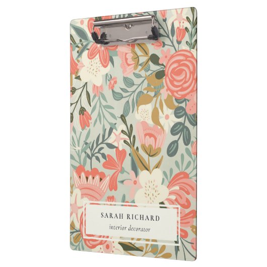 オレンジ赤面ティール(緑がかった色)ブルーグリーンレースアンブロシアフローラ クリップボード (左)