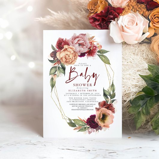 オレンジ赤面バーガンディーレッドフローラ秋ベビーシャワー 招待状