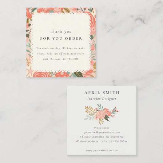 オレンジ赤面ピーチアンブロシアフローラサンキューオーダー スクエア名刺 (正面/裏面)