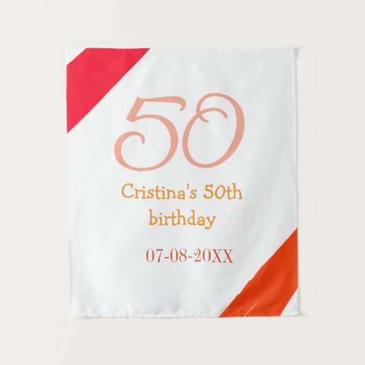 オレンジ赤 50歳の誕生日 お名前 日付追加可 タペストリー (正面)