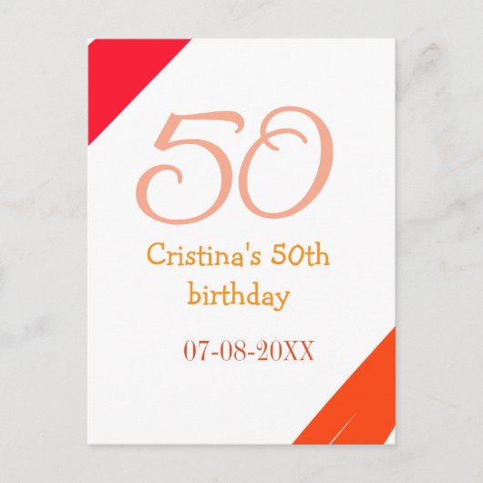 オレンジ赤 50歳の誕生日 お名前 日付追加可 ポストカード (正面)
