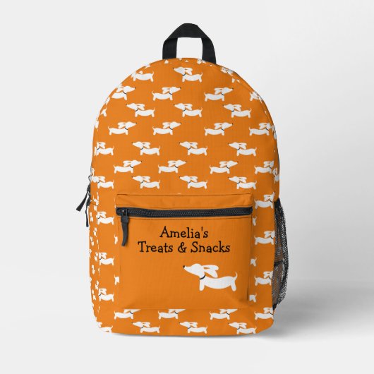 オレンジ踊りダックスシャントバッグウィーナードッグモムス プリントバックパック (正面)