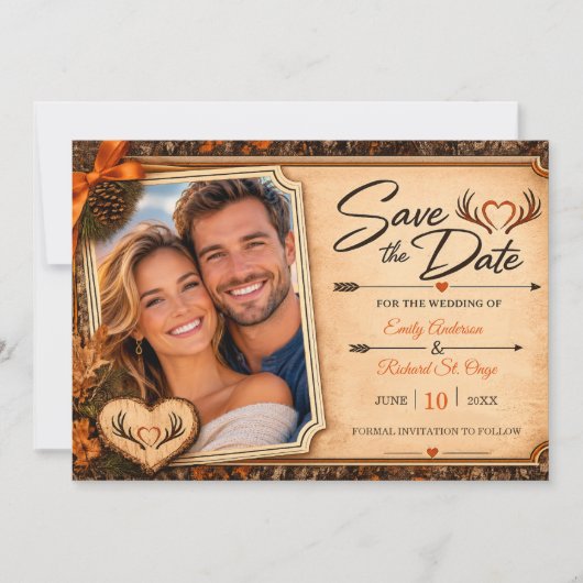 オレンジ迷彩の狩猟シーズン終了 Save the Date 招待状 (正面)