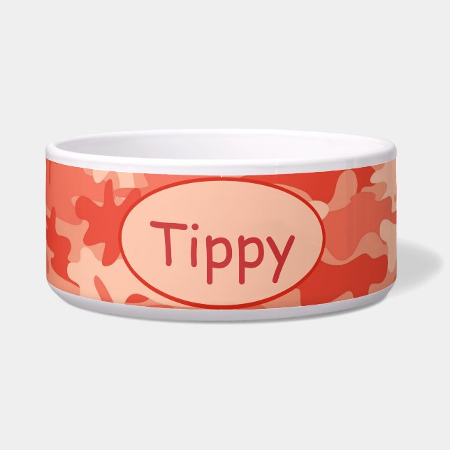 オレンジ迷彩柄のCamoflaugeのカスタムペット ボウル (正面)