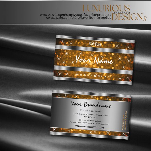 オレンジ金ゴールドグリッタースパークルスターズシルバーデコール 名刺