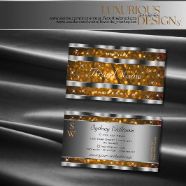 オレンジ金ゴールドグリッタースパークルスターズモノグラムシルバー 名刺