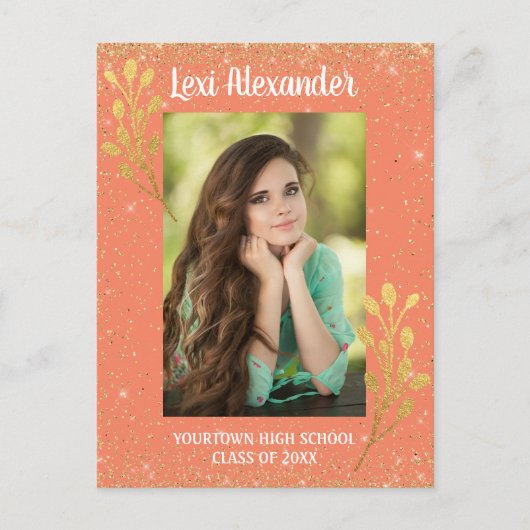 オレンジ金ゴールドグリッター卒業発表 案内ポストカード (正面)