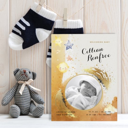 オレンジ金ゴールドグリッター水彩写真ベビー誕生 案内ポストカード