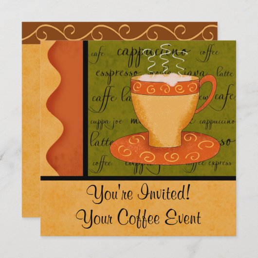 オレンジ金ゴールドグリーンコーヒーカップアート名前をカスタムする 招待状 (正面/裏面)