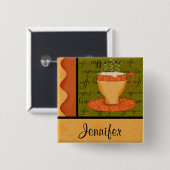 オレンジ金ゴールドグリーンコーヒーカップアート名前をカスタムする 缶バッジ (正面&裏面)