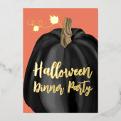 オレンジ金ゴールドスクリプトパンプキンハロウィーンディナーパーティー 箔招待状 (正面)