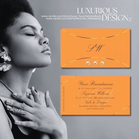 オレンジ金ゴールドデコー縁どルダイヤモンドとモノグラム 名刺