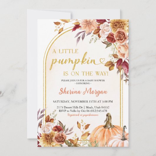 オレンジ金ゴールドリトルカボチャベビーシャワー招待状 招待状 (正面)
