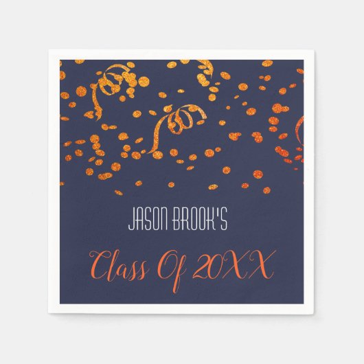 オレンジ金ゴールド紙吹雪オンブラックエクセシションパーティー スタンダードカクテルナプキン (正面)