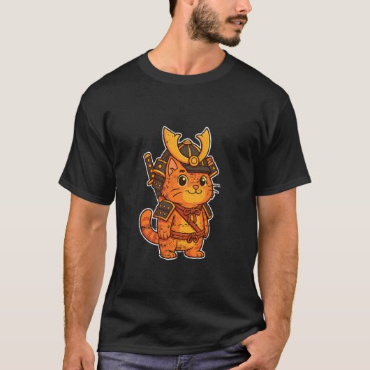 オレンジ鎧のサムライ猫 Tシャツ (正面)