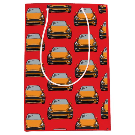 オレンジ電気自動車SUV車の赤い背景 ミディアムペーパーバッグ (正面)