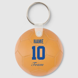 オレンジ青いチームサッカーボールのパーソナライズな名前 キーホルダー
