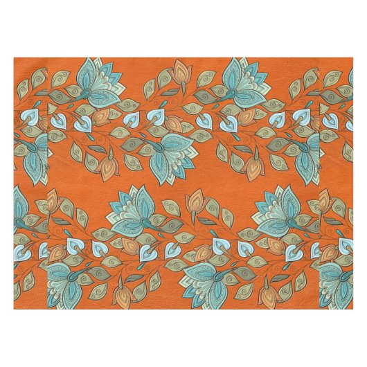オレンジ革のエレガントでカラフルな花の渦巻 テーブルクロス (正面(横))