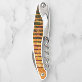 オレンジ風変わり色ストライプと小さな四角が線で並んでいる ソムリエナイフ