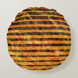 オレンジ風変わり色ストライプと小さな四角が線で並んでいる ラウンドクッション