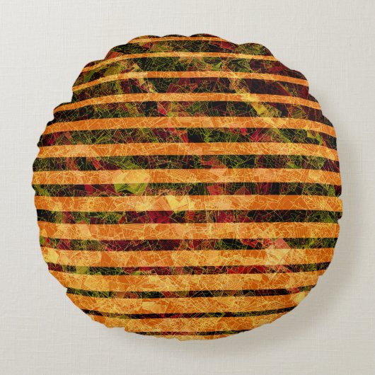 オレンジ風変わり色ストライプと小さな四角が線で並んでいる ラウンドクッション (正面)