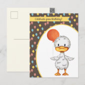 オレンジ風船を持つかわいいあひるの絵の誕生日カード, オレンジ色の風船を持ったあひるのイラストがかわ ポストカード (正面/裏面)